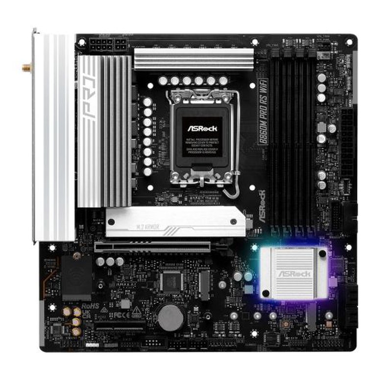 Asrock B860M PRO RS WIFI, Intel B860, 1851, Micro ATX, 4 DDR5, HDMI, DP, Wi-Fi 6E, 2.5G LAN, RGB, 3x M.2