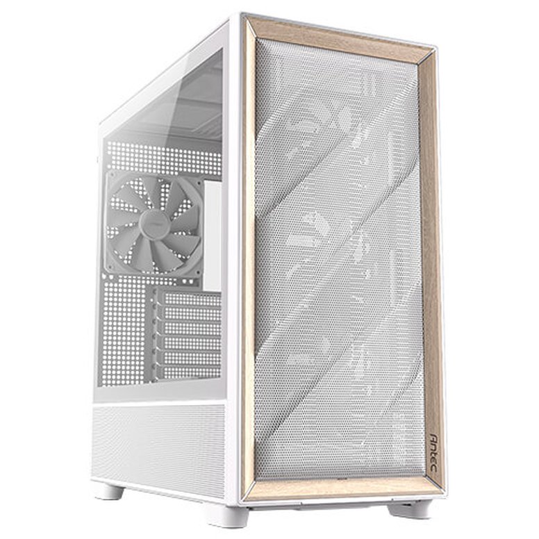 Antec FLUX Gaming Case w/ Glass Side, E-ATX, Multi Vent Design, Mesh/Wood Front, 5 PWM Fans, ARGB PWM Fan Hub, USB-C, BTF Compatible, White