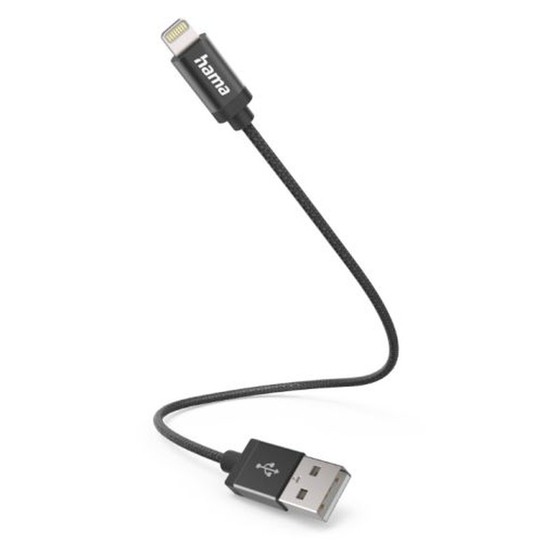 Hama Charging/Data USB-A to Lightning Cable, 480Mbps, Nylon, 0.2 Metre, Black