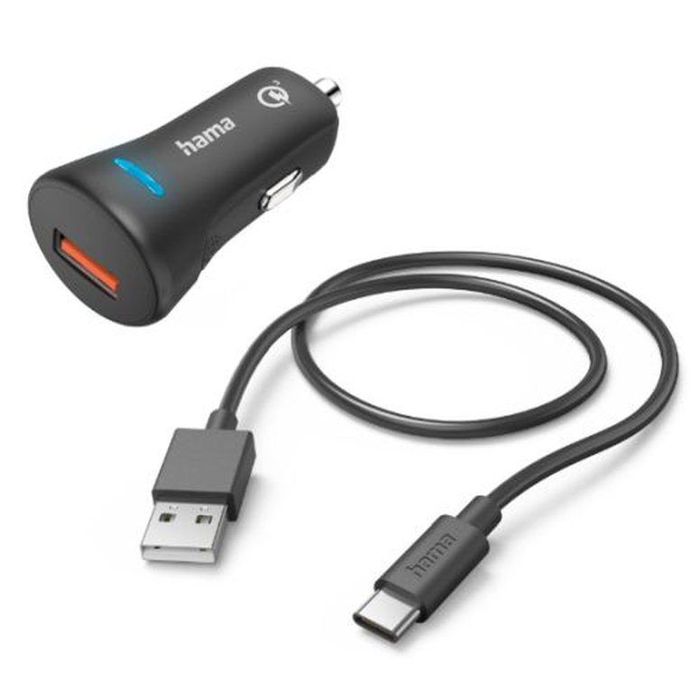 Hama USB-A Fast Charge Car Adapter with USB-C Charging Cable, Qualcomm 3.0, 19.5W, Black