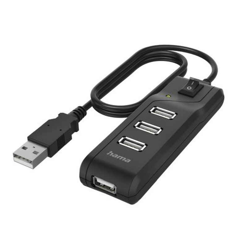 Hama External 4-Port USB 2.0 Hub, USB Powered, On/Off Switch, Black