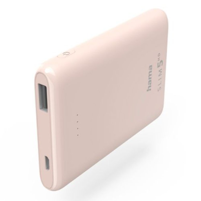 Hama SLIM 5HD 5000mAh Fast Charge Powerbank, 1x USB-A, LED Capacity Indicator, Light Pink